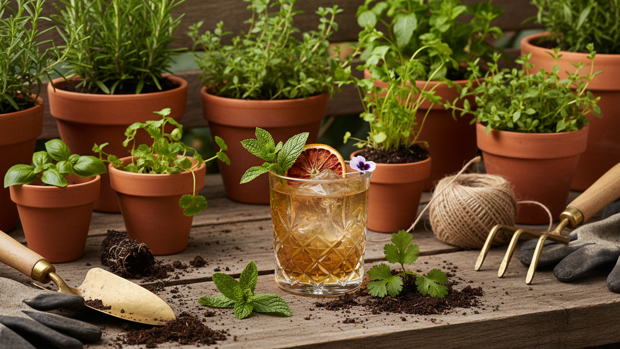 A styled cocktail on a rustic potting bench with terracotta pots, herb sprigs, and soft natural daylight. 