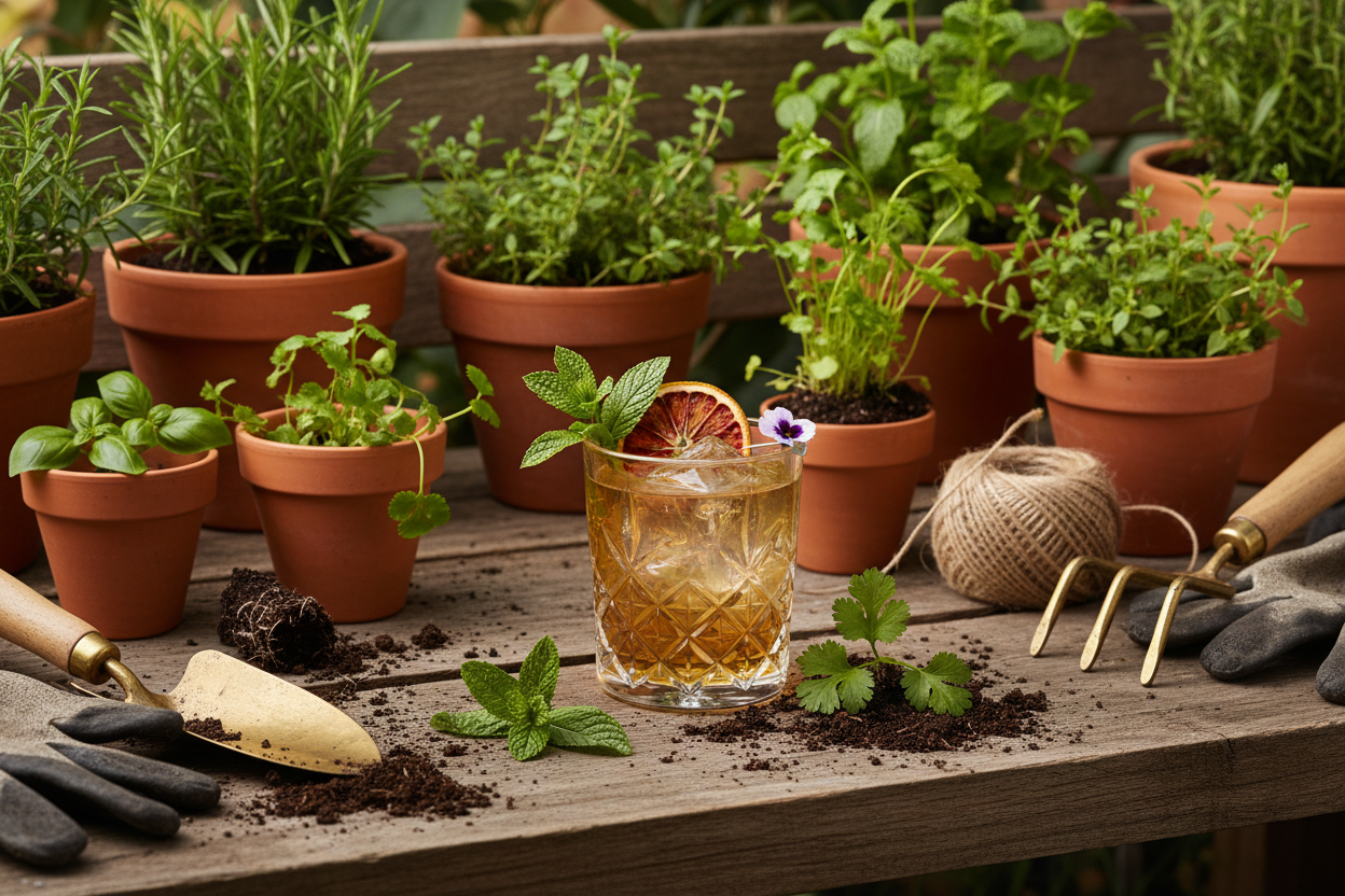 A styled cocktail on a rustic potting bench with terracotta pots, herb sprigs, and soft natural daylight. 