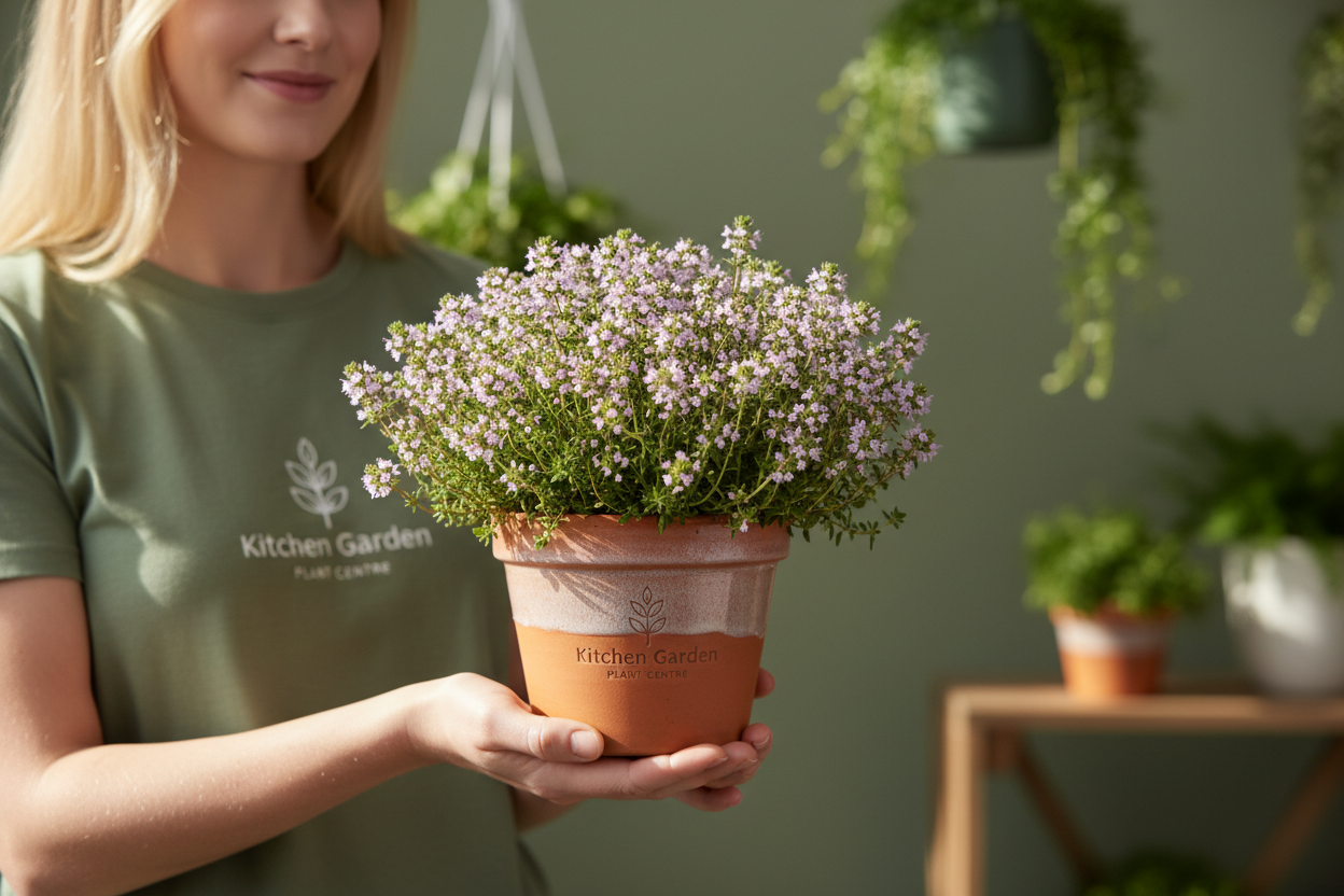Person holding a potted plant with a 'Kitchen Garden' logo, surrounded by more plants.